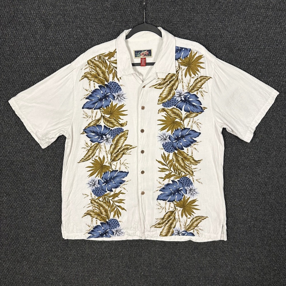 La Cabana Hawaiian Aloha Shirt Mens XL White Blue Tropical Pineapple Rayon